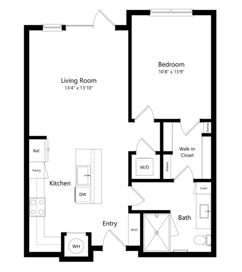 Floor plan for 1 bed, 1 bath, 773 sqft